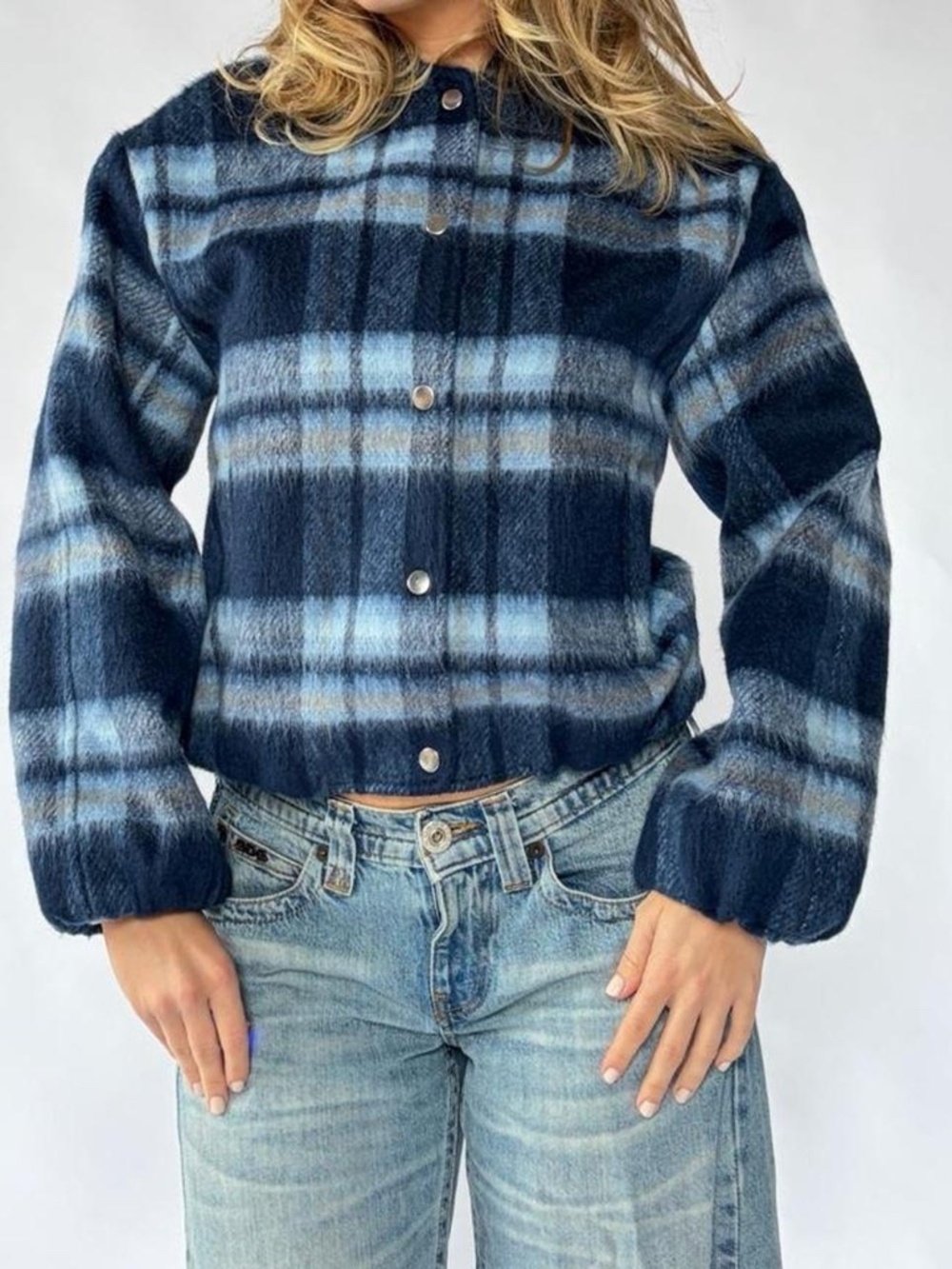 Plaid Bomber Jacket Blue XS Melissa Nepton